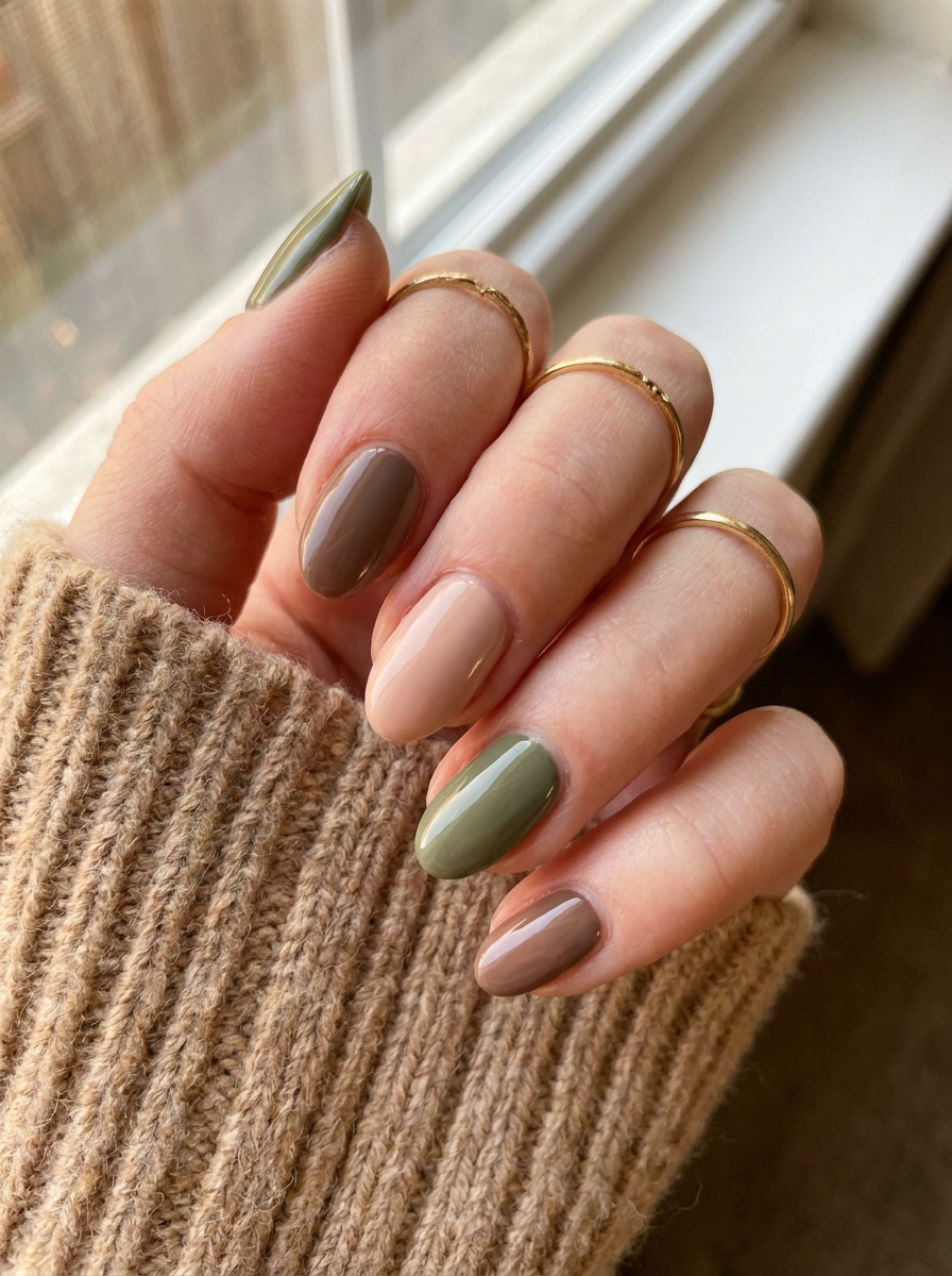 Olive Nails with Tiny Leaf Accent als olivgrüne Herbstmaniküre 2026